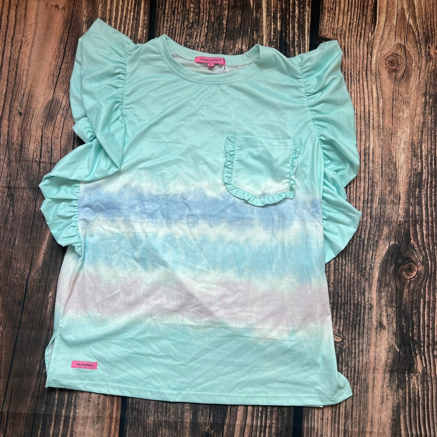 NWT Simply Southern Women's Blue Tie-Dye Ruffle Sleeve T-Shirt Size Large