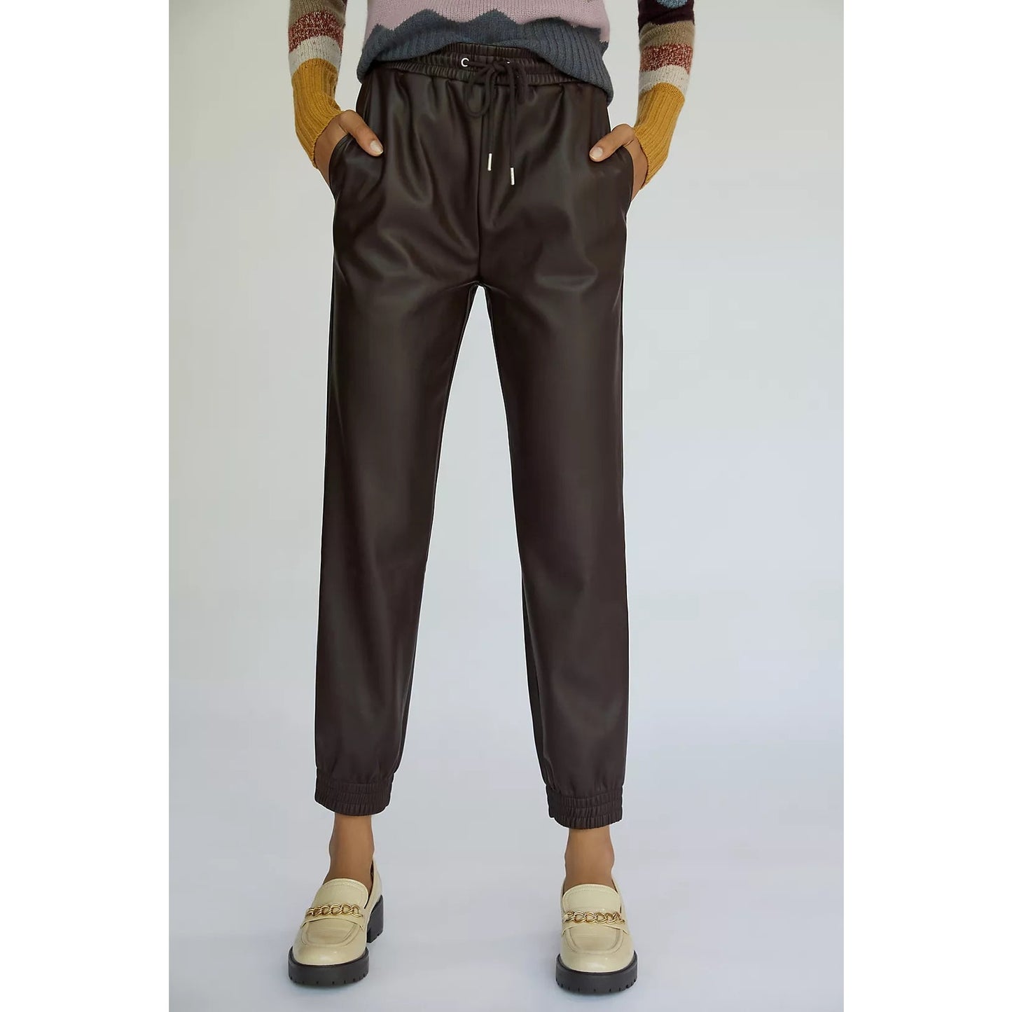 Anthropologie Women's Small Black Sleek Faux Leather Elastic Waist Joggers