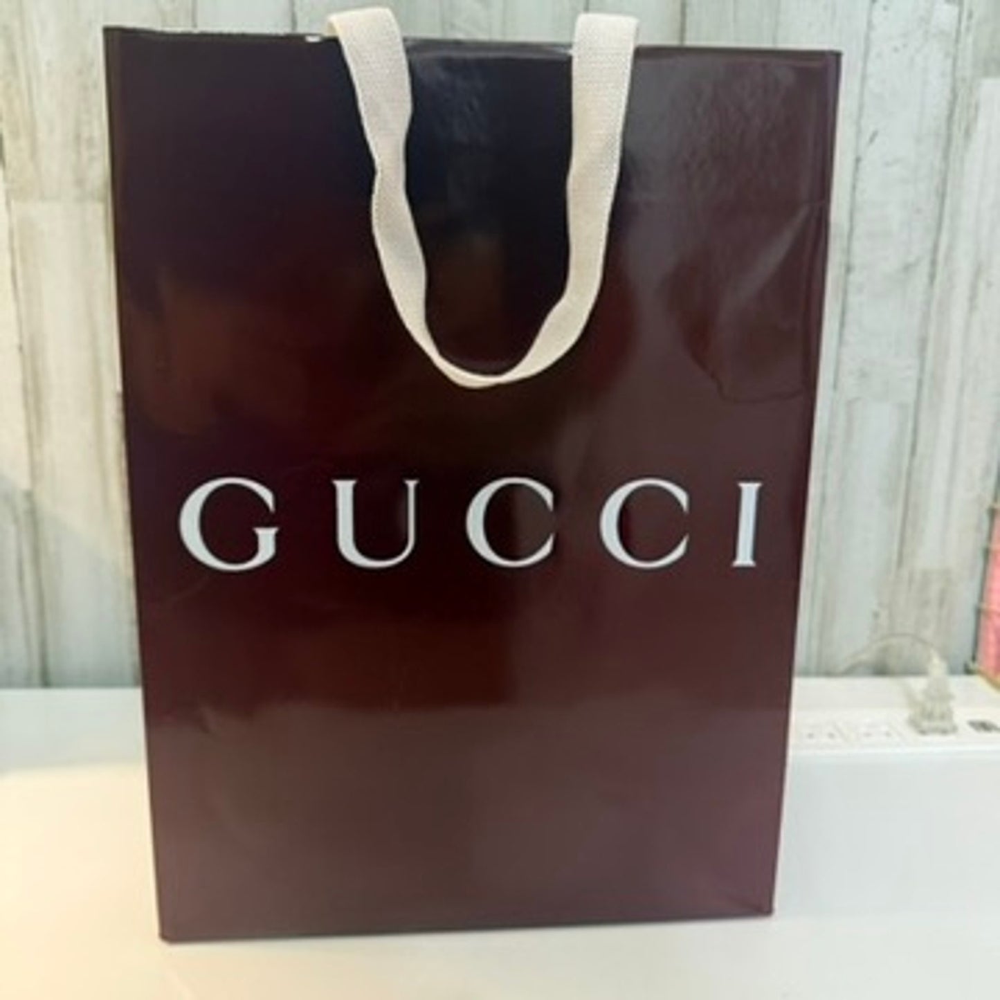 Gucci Burgundy Glossy Shopping Gift Bag Large Silver Logo White Handles