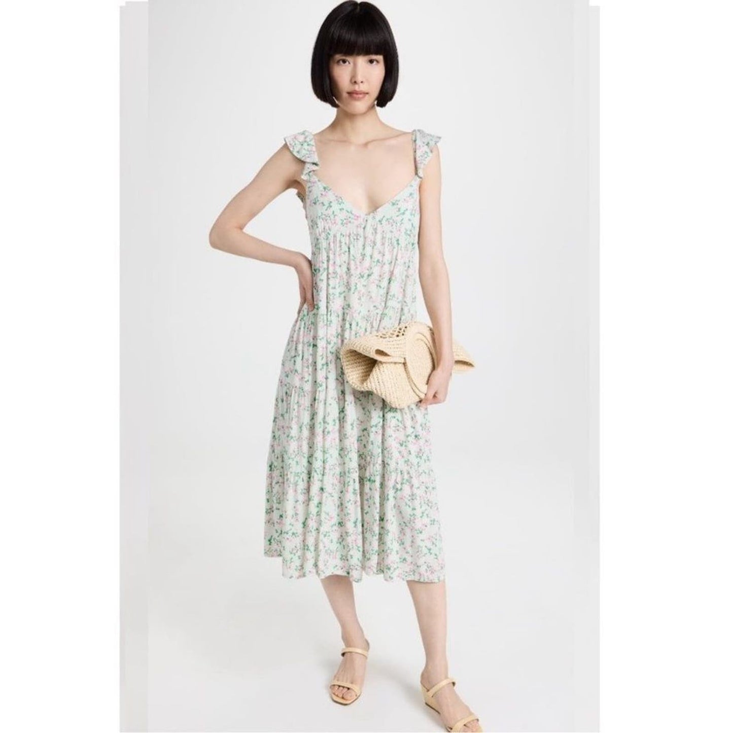 NWT Sokie Collective The Summer Flutter green pink floral midi Dress Size Small