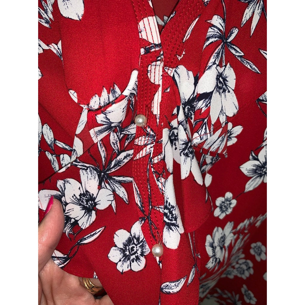 Karl Lagerfeld Paris Women's XXL Red Floral Ruffle Blouse Long Sleeve