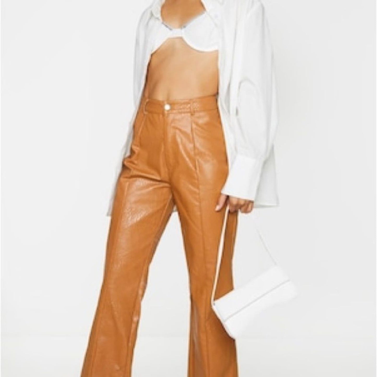 NWT Pretty Little Thing Tan Faux Leather Croc Split Hem Skinny Pants Size 14