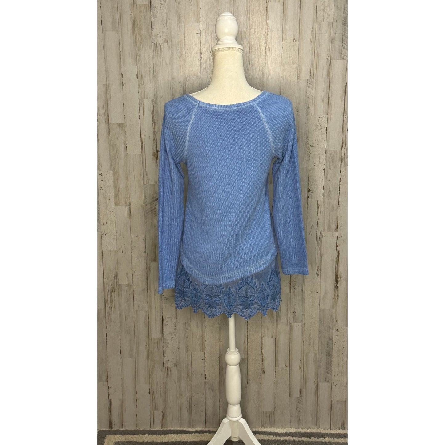 Soft Surroundings Women's XS Blue Waffle Knit Lace Hem Blouse