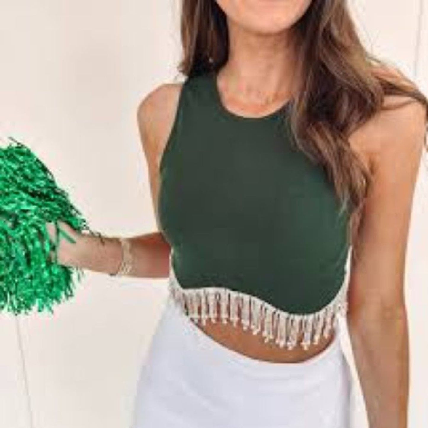 NWT HUNTER GREEN SLEEVELESS CROP TANK TOP WITH RHINESTONES