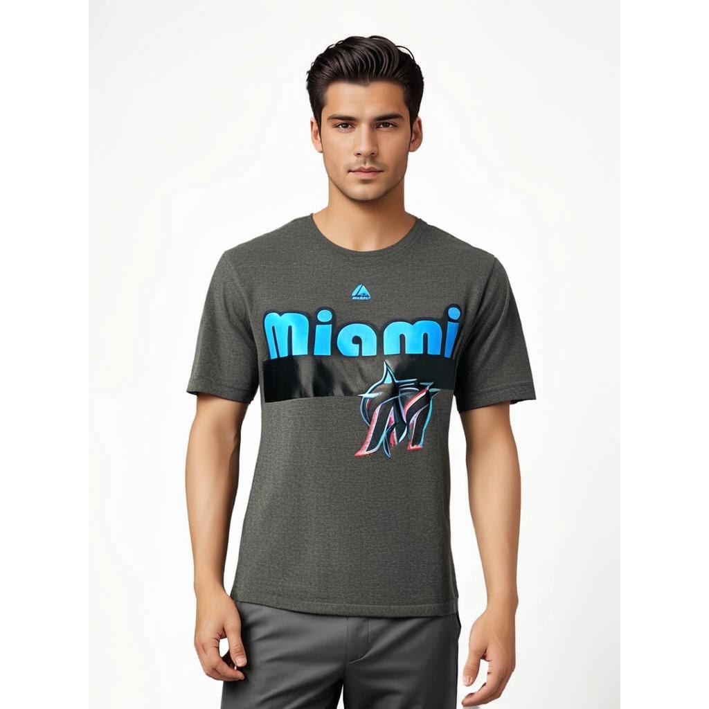 NWT Majestic Miami Marlins Men's Gray MLB Logo T-Shirt Size Small Short Sleeve