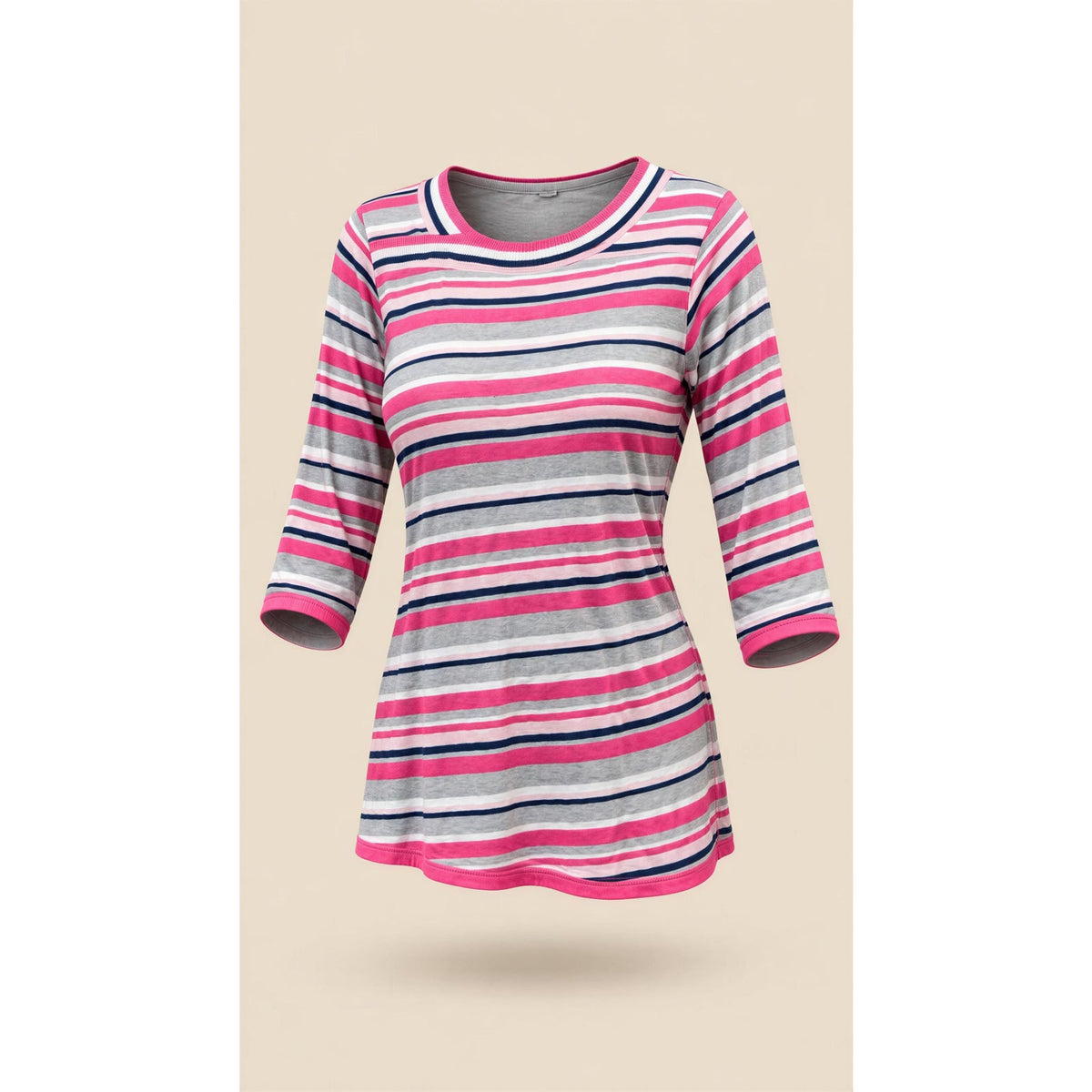 Chico’s Top Womens Extra Small Striped Knit Pullover 3/4 Sleeve Pink Gray Navy