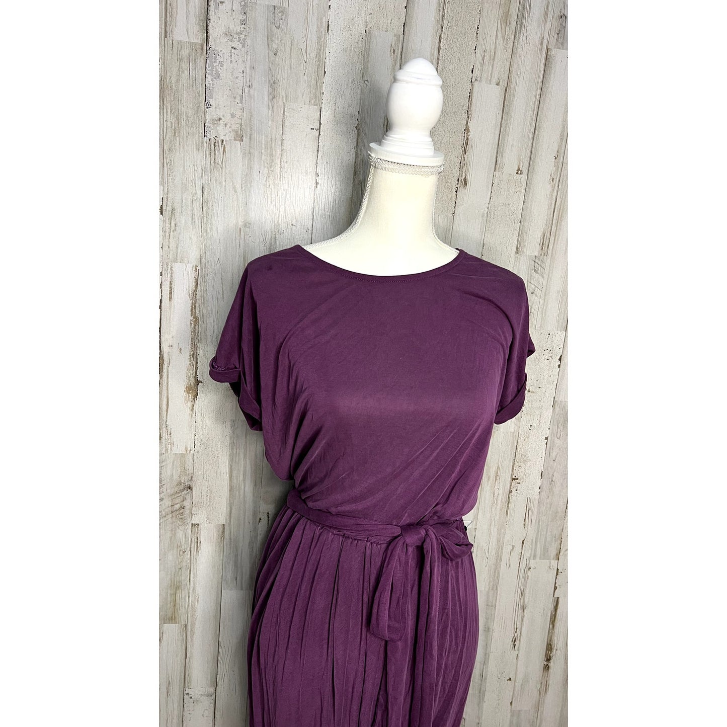 Lulus Women's Small Purple Faux Wrap Belted Midi Dress Short Sleeve Casual