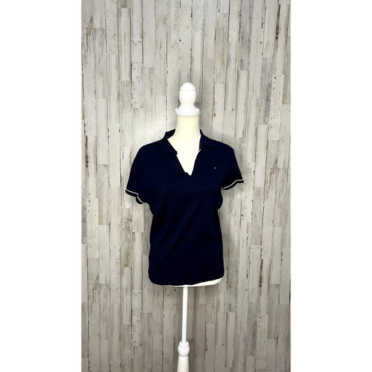 Tommy Hilfiger Women's XL Navy Blue Polo Shirt V-Neck Short Sleeve