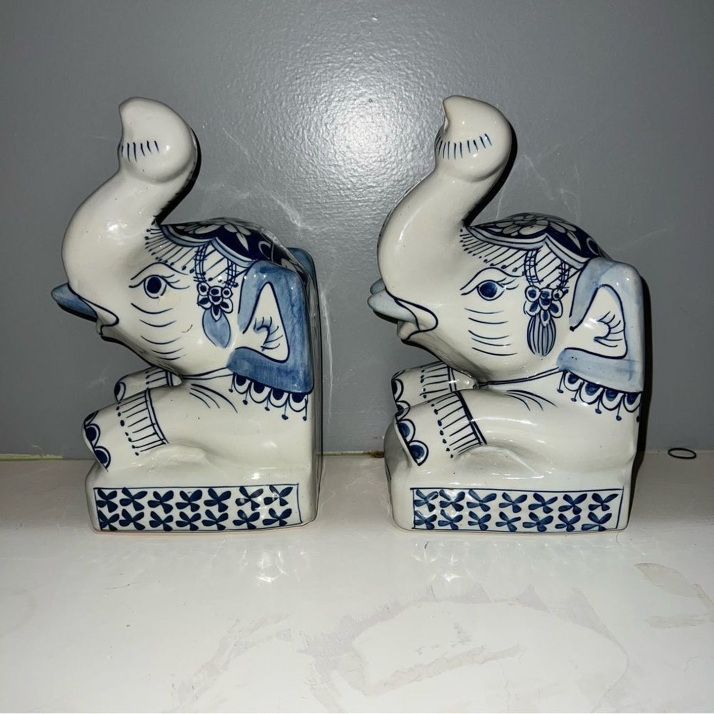 Vintage Hand Painted Elephant Bookends Pair Blue & White Chinoiserie Style