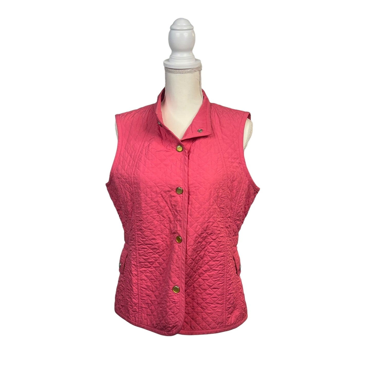 Talbots Women's Medium Pink Quilted Lightweight Gold Button Collared Vest