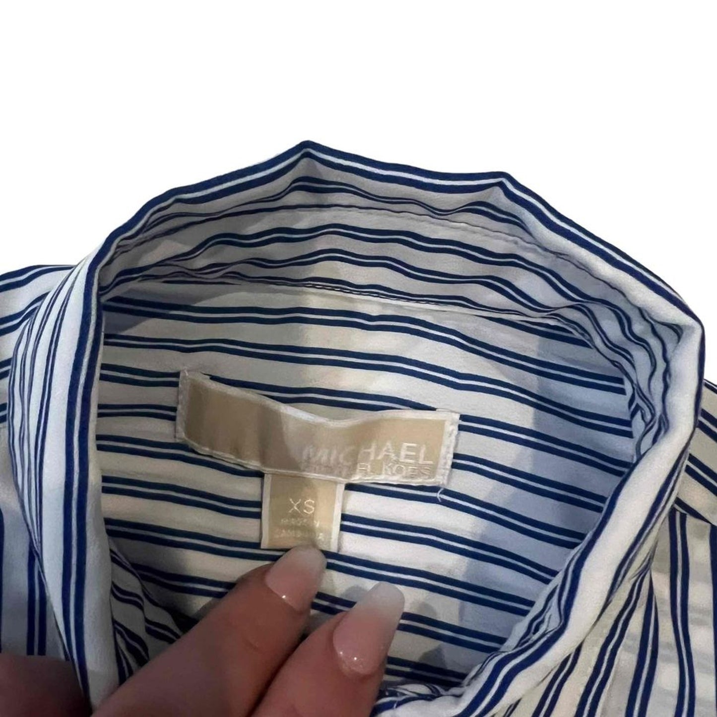 Michael Kors Blouse Womens XS Blue & White Striped Zip Front Long Sleeve