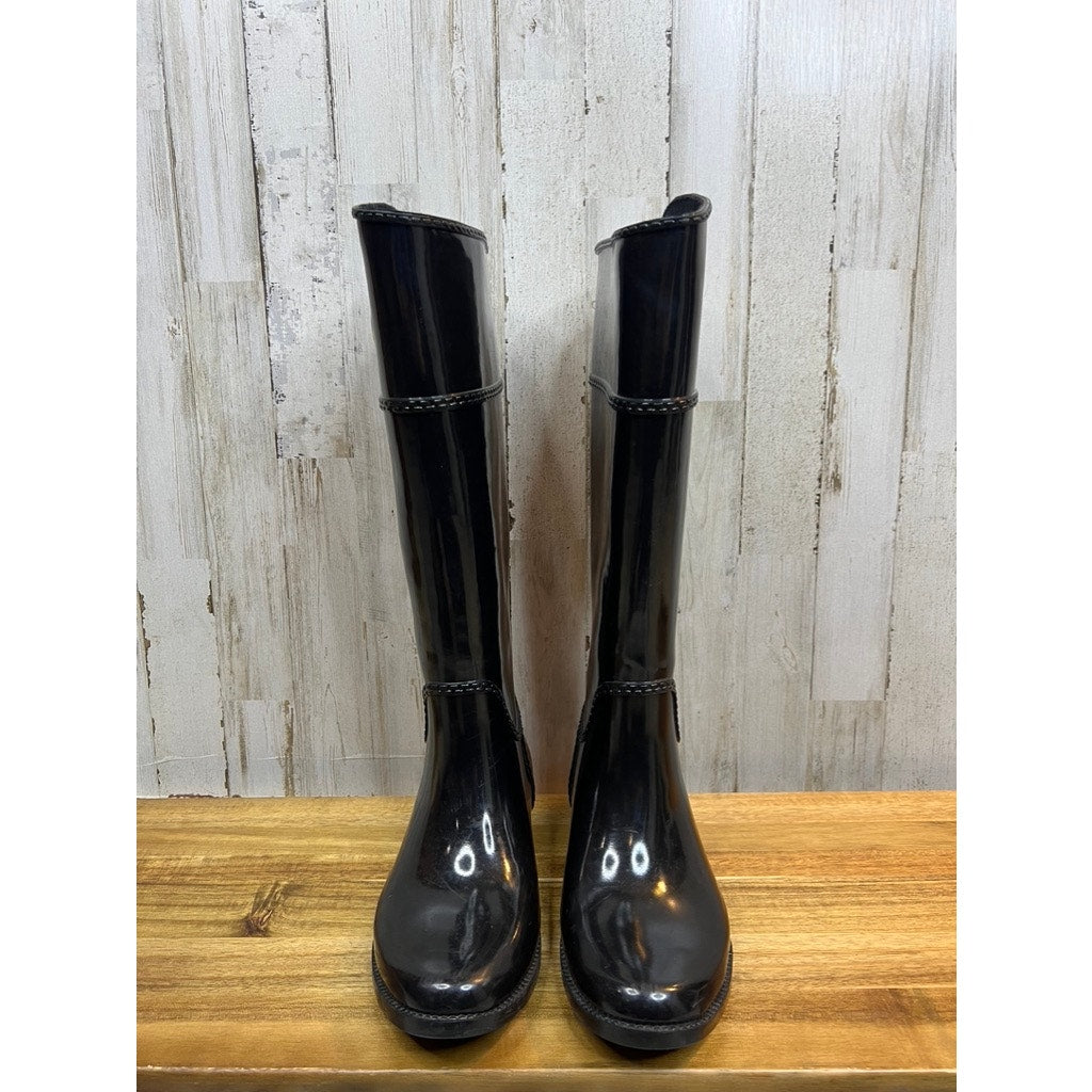 Michael Kors Women's Shiny Black Knee-High Rain Boots with Gold MK Logo Size 6