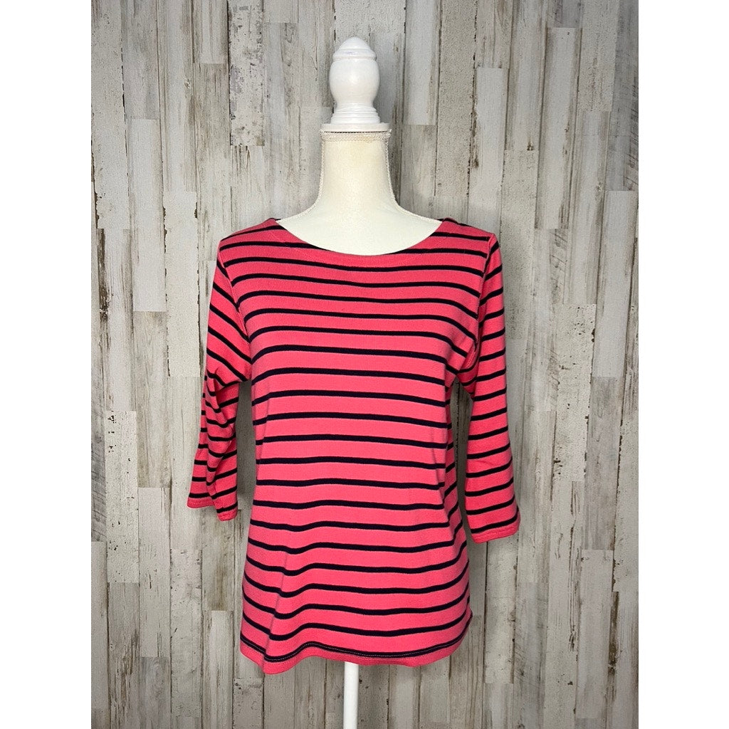 L.L. Bean Women's Medium Pink & Navy Striped 3/4 Sleeve Boat Neck Blouse