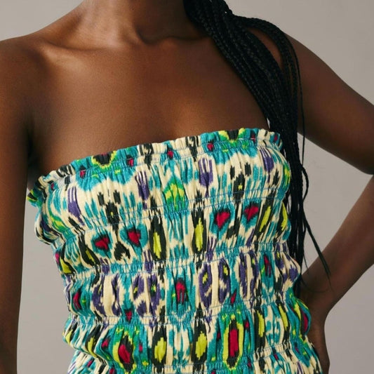 Anthropologie Women's Smocked Tube Top XS Blue/Green Ikat Print Strapless Tank