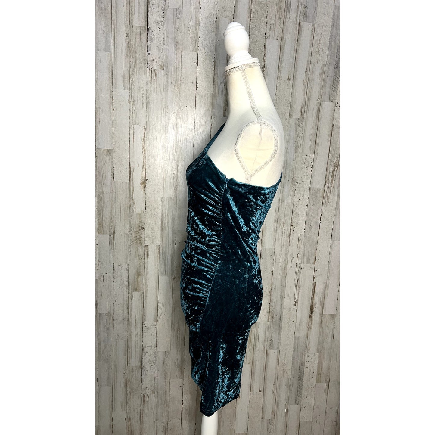 Lulus Women's One-Shoulder Mini Dress Teal Crushed Velvet Size Medium