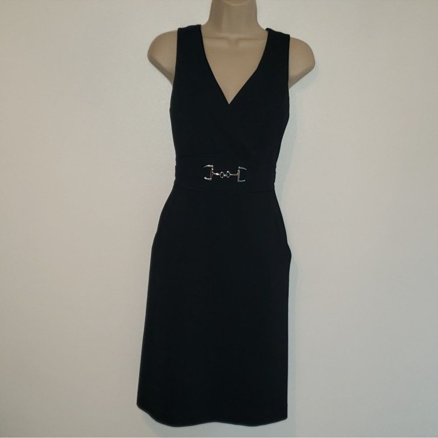 White House/Black Market Black Dress Empire Waist V Neck Silver Buckle Size 4