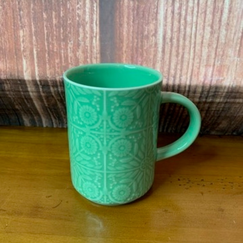 Starbucks Coffee Mug Jade Green Embossed Daisy Floral 12 oz