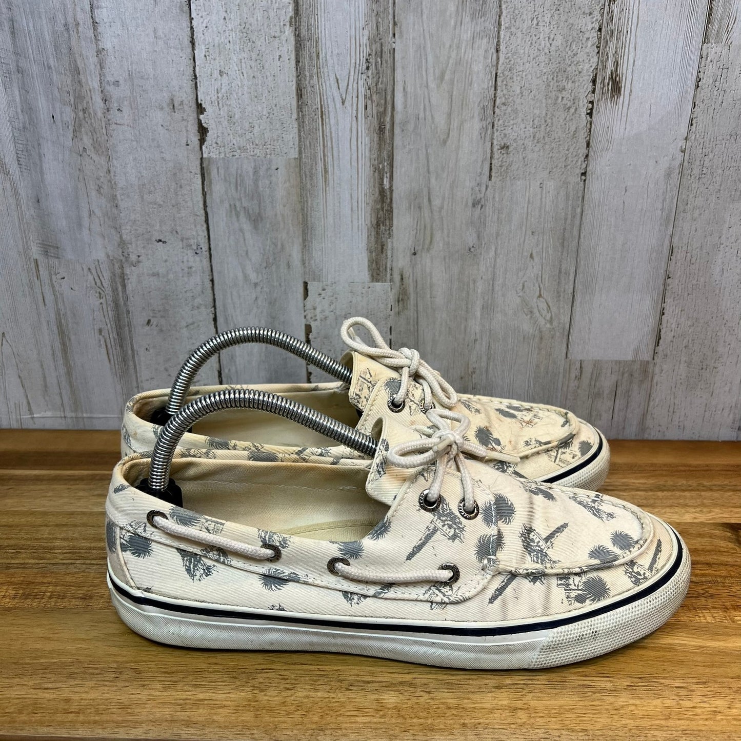 Vintage Sperry Top-Sider Women's 10M Canvas Boat Shoes White Palm Tree Print