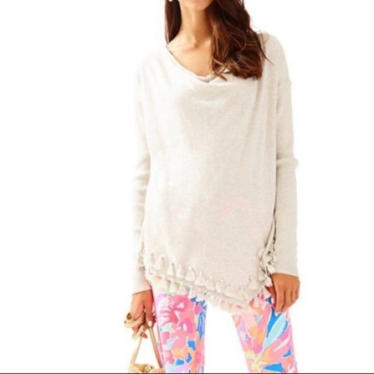 Lilly Pulitzer Women's White Pullover Sweater Large Tassel Detail Scoop Neck