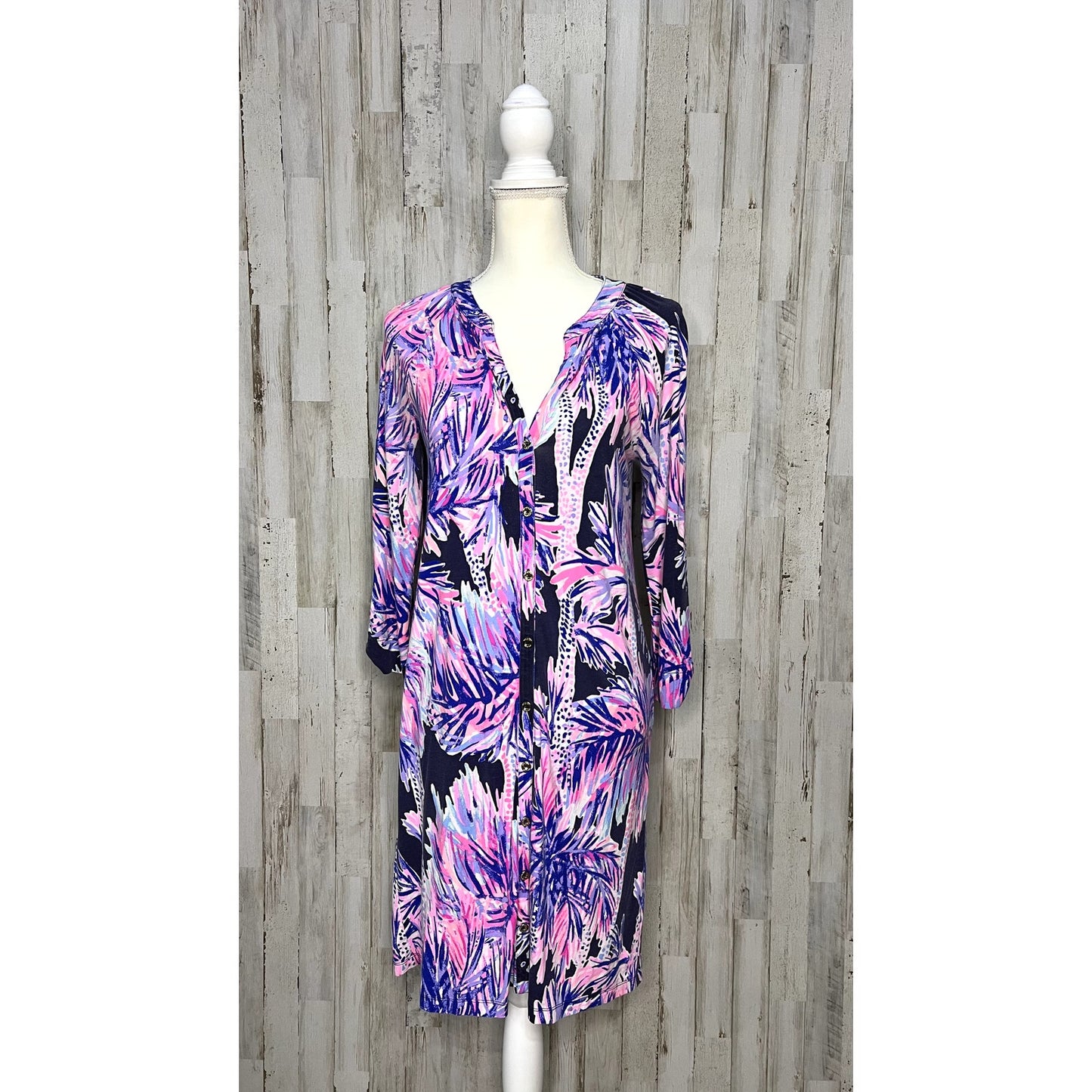 Lilly Pulitzer XS Bailor Shirt Dress Palm Leaf Knee Length 3/4 Sleeve