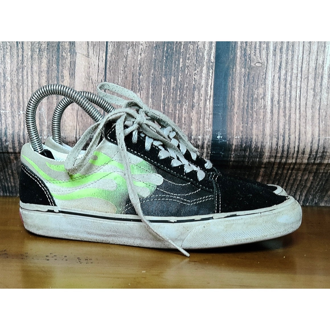 Vans Old Skool Skate Shoes Men's 5.5 / Women's 7 Black Neon Green Flame