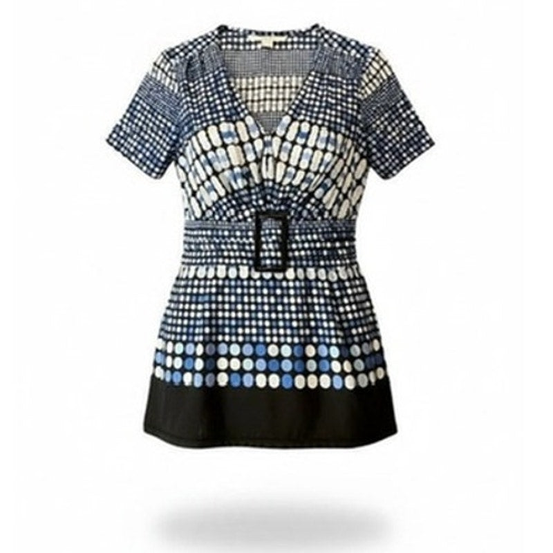 Dressbarn Tunic Blouse Womens Size 8 Blue White Black Geometric V-Neck
