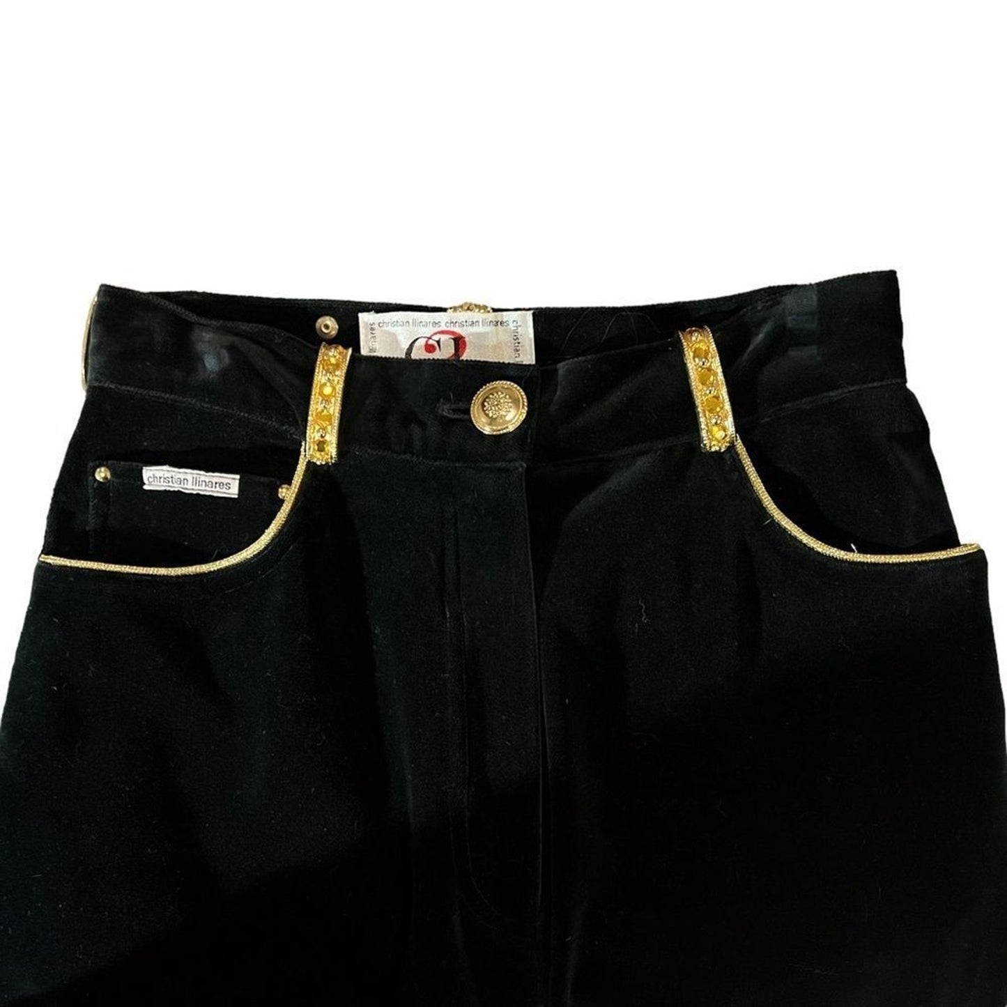Christian Llinares Pants Womens 28 Black Velvet Slim Straight Gold Trim