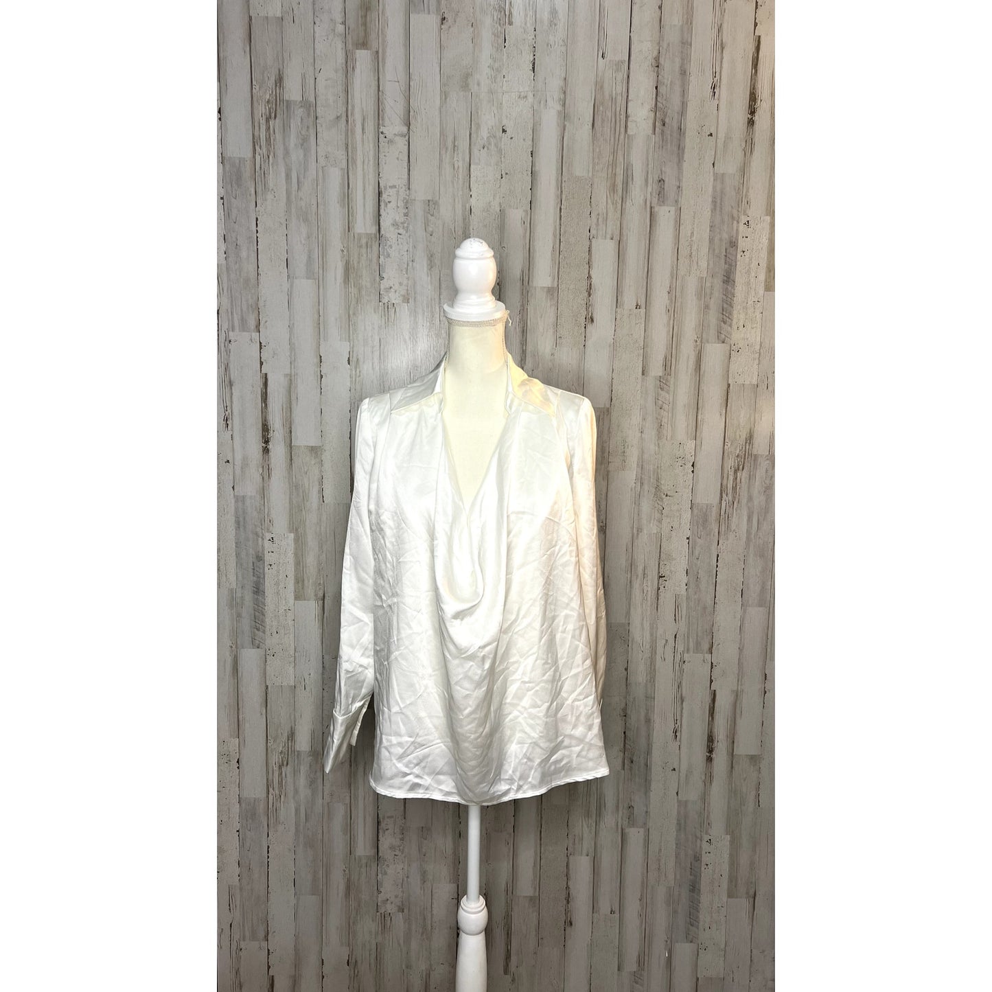 NWT Olia Women's Size Small White Satin Collared Drape Blouse