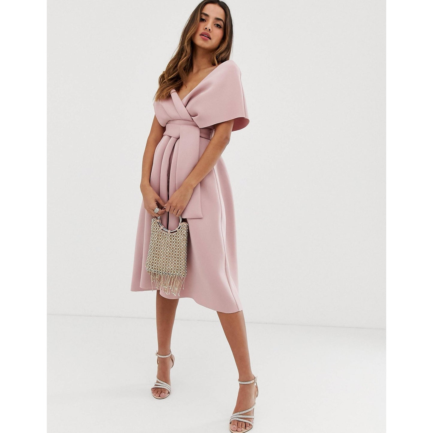 ASOS Design Women's Off Shoulder Midi Dress with Tie Detail - Rose Pink Size 4