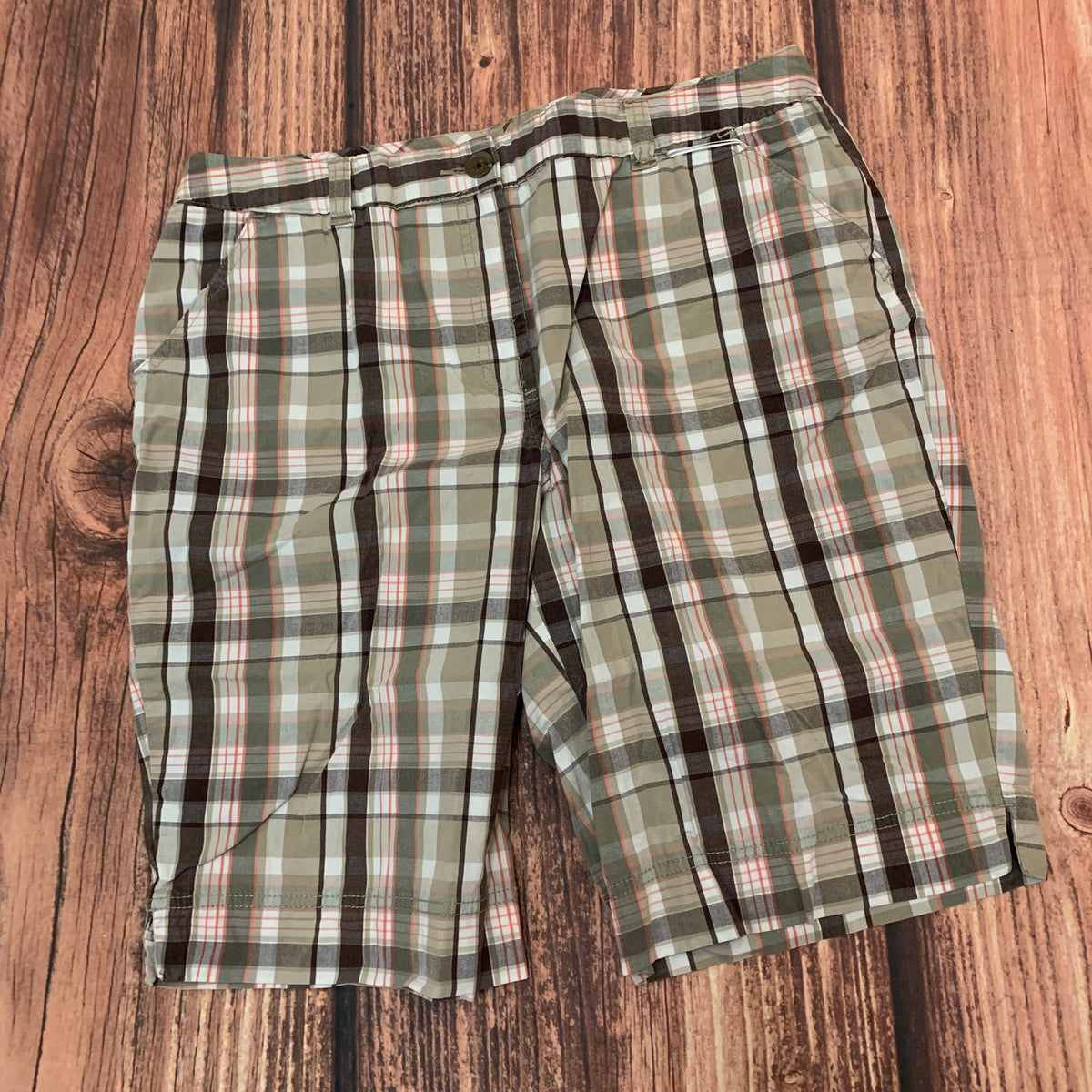 Kim Rogers Petite Plaid Bermuda Shorts Size 14P Women’s Beige Orange