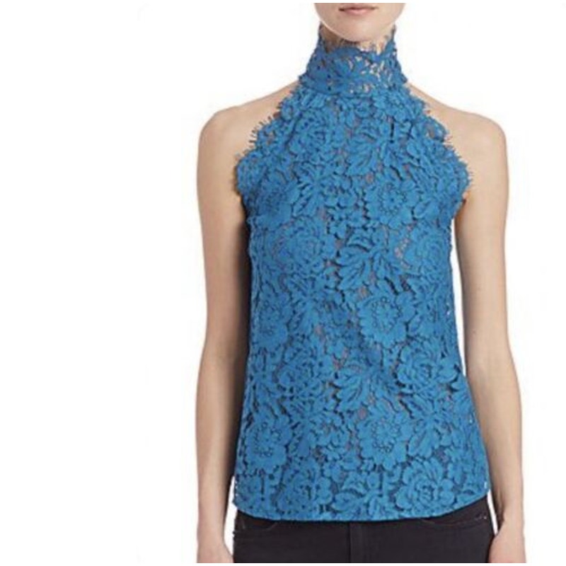 Diane Von Furstenberg Women's Small Jemmie Blue Lace High Neck Sleeveless Top