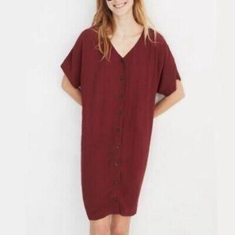 Madewell Women's Burgundy Button-Front Shirt Dress Size Small Knee Length Casual