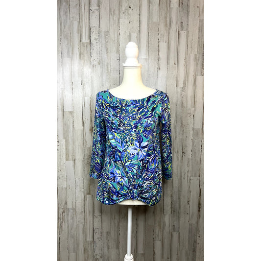 Lilly Pulitzer Women's XS Blue Geometric 3/4 Sleeve Blouse Twist Knot Detail