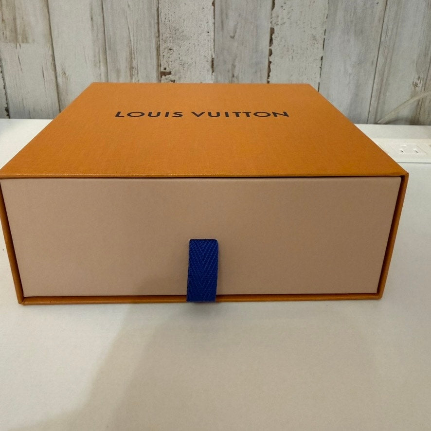 Louis Vuitton Orange Magnetic Slide Drawer Gift Box Blue Ribbon Pull 7x7x3
