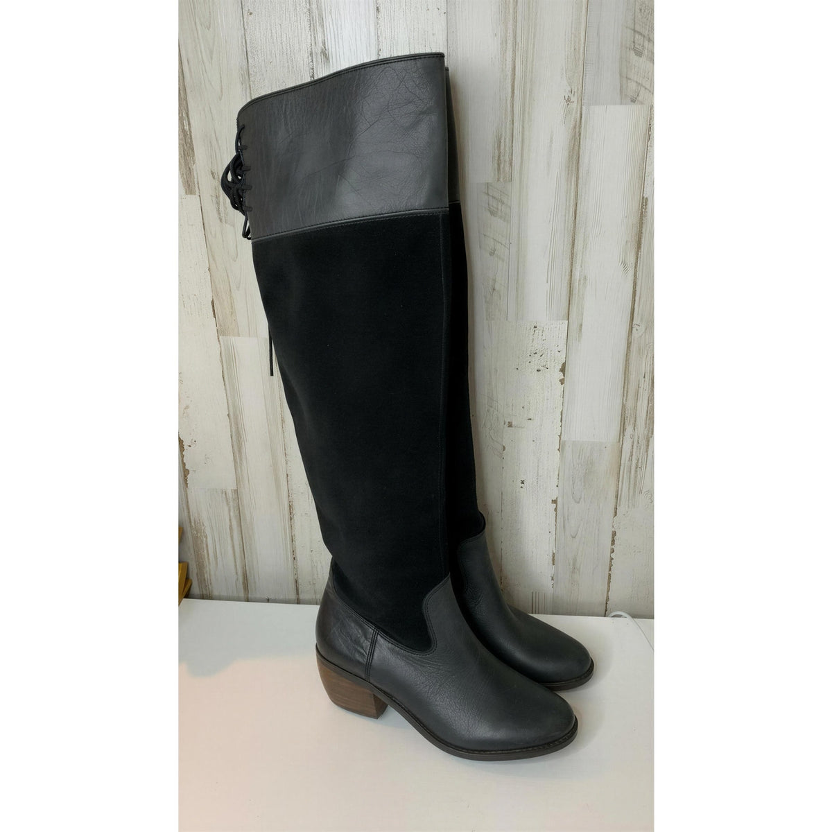 Lucky Brand Riding Boots Womens Size 6 Black Knee High Side Zip Block Heel