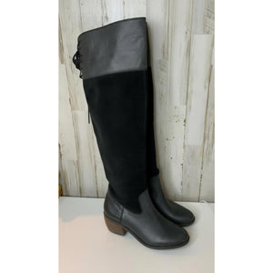 Lucky Brand Riding Boots Womens Size 6 Black Knee High Side Zip Block Heel