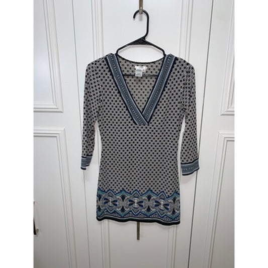 Sophie Max XS Geometric Print Dress Multicolor 3/4 Sleeve V-Neck
