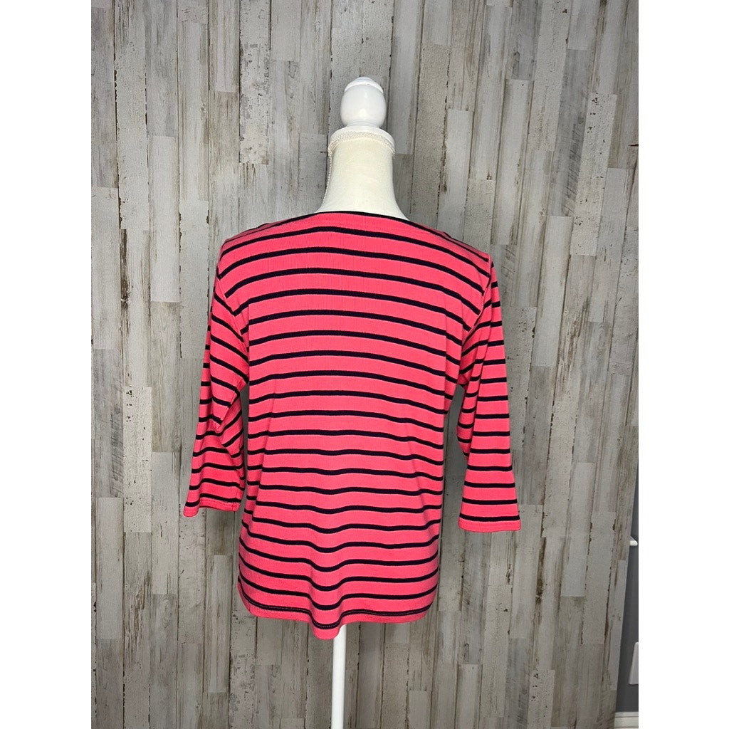 L.L. Bean Women's Medium Pink & Navy Striped 3/4 Sleeve Boat Neck Blouse