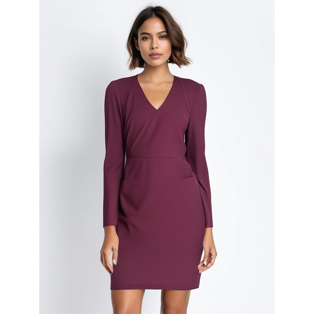 Trina Turk Women's Size 6 Burgundy V-Neck Puff Sleeve Knee Length Dress