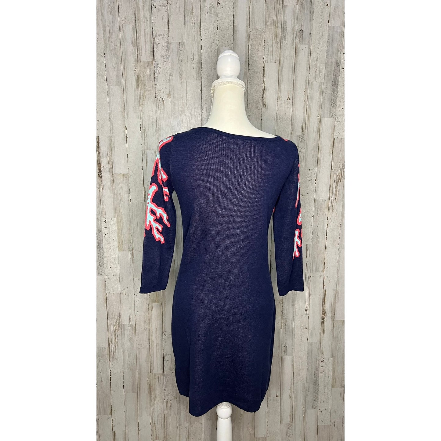 Lilly Pulitzer Women's XS Blue Sweater Dress 3/4 Sleeve Coral Pattern