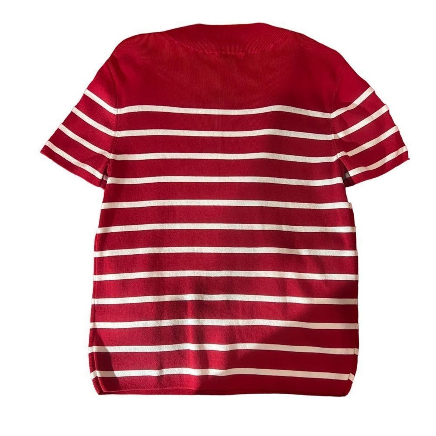 Talbots Sweater Womens Petite Large Red White Striped Mock Neck Short Sleeve