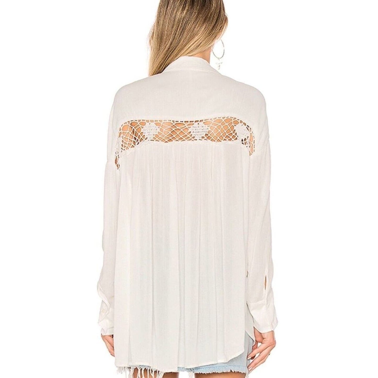 Free People Katie Bird Crochet Inset Ivory Button-Up Shirt Women's Size XS