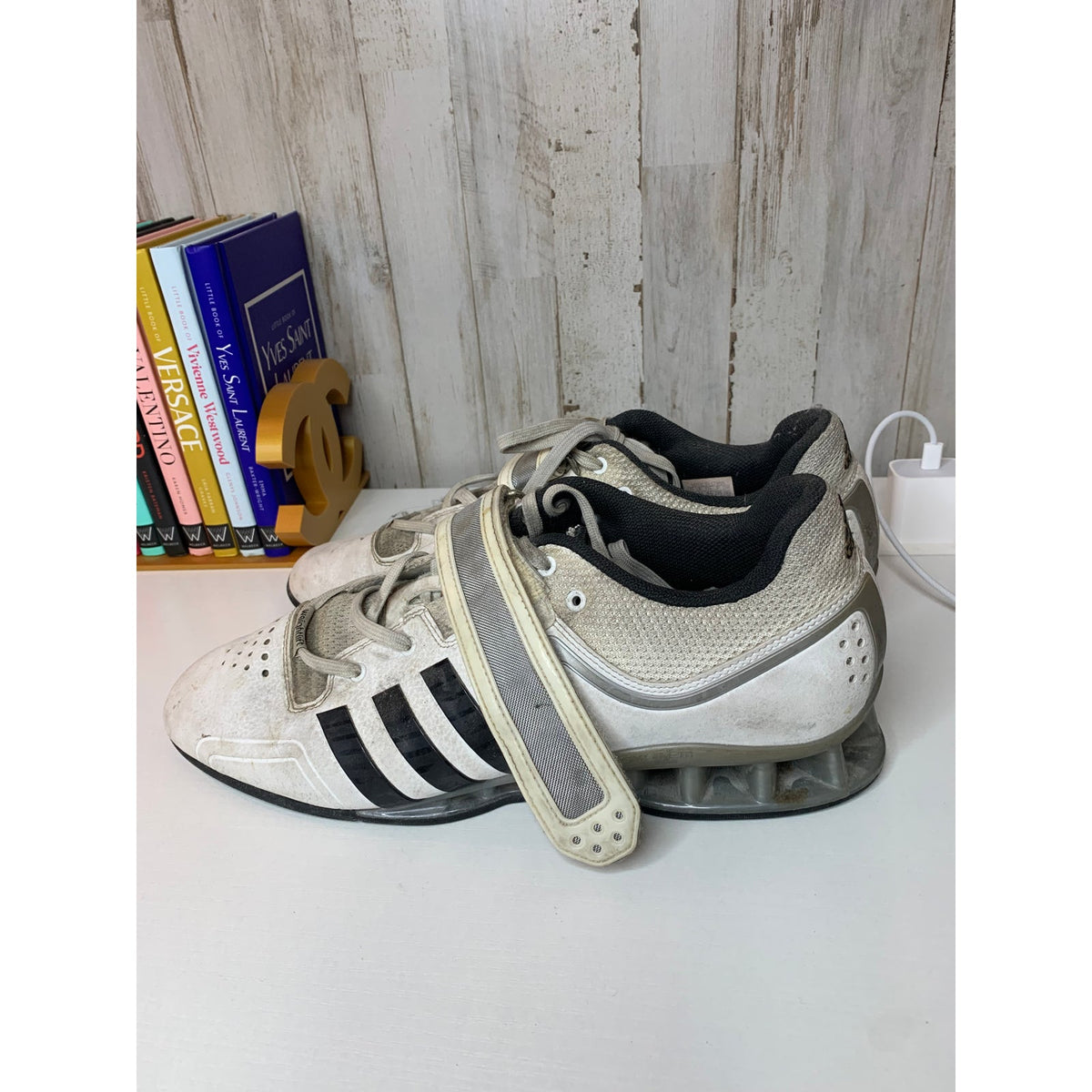 Adidas Adipower Weightlifting Shoes Mens 11.5 White Black Lifting Shoe Strap Gym