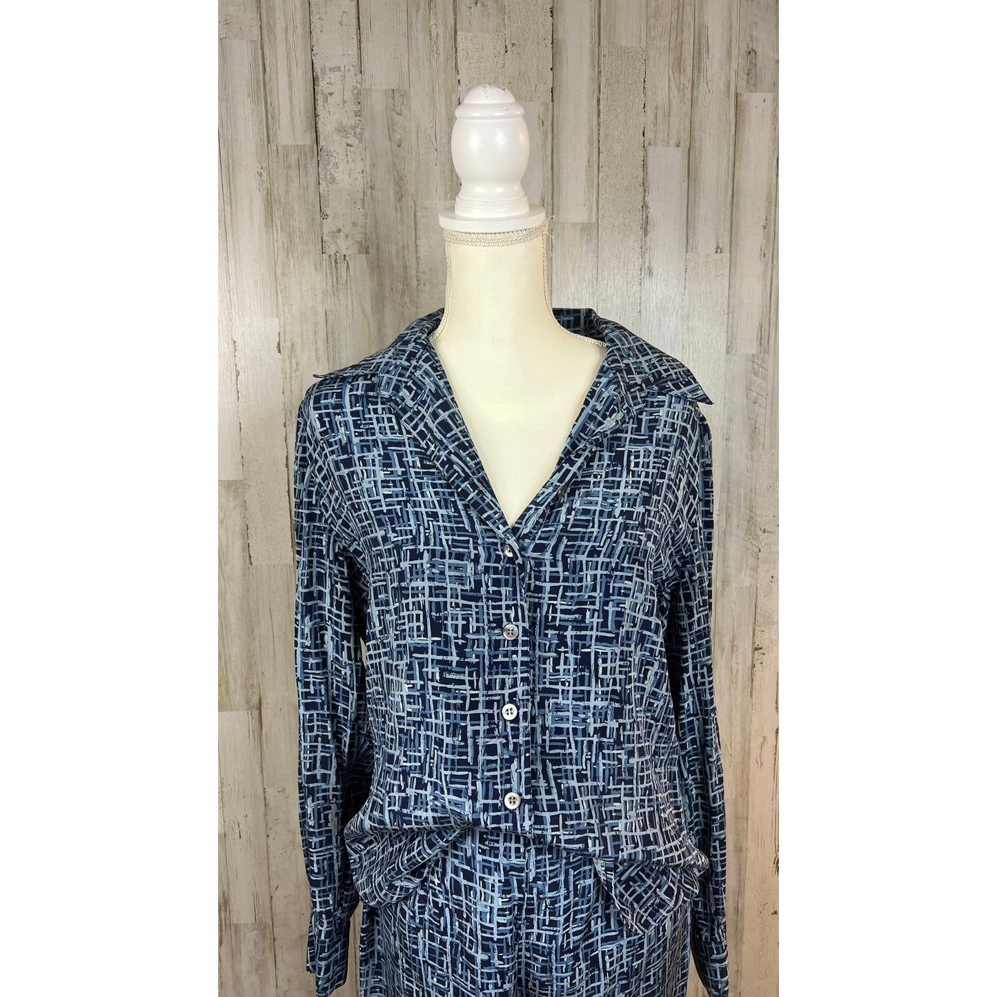 Vintage Katherine Kelly Collection Womens Blue Silk-Blend Geometric Print Outfit