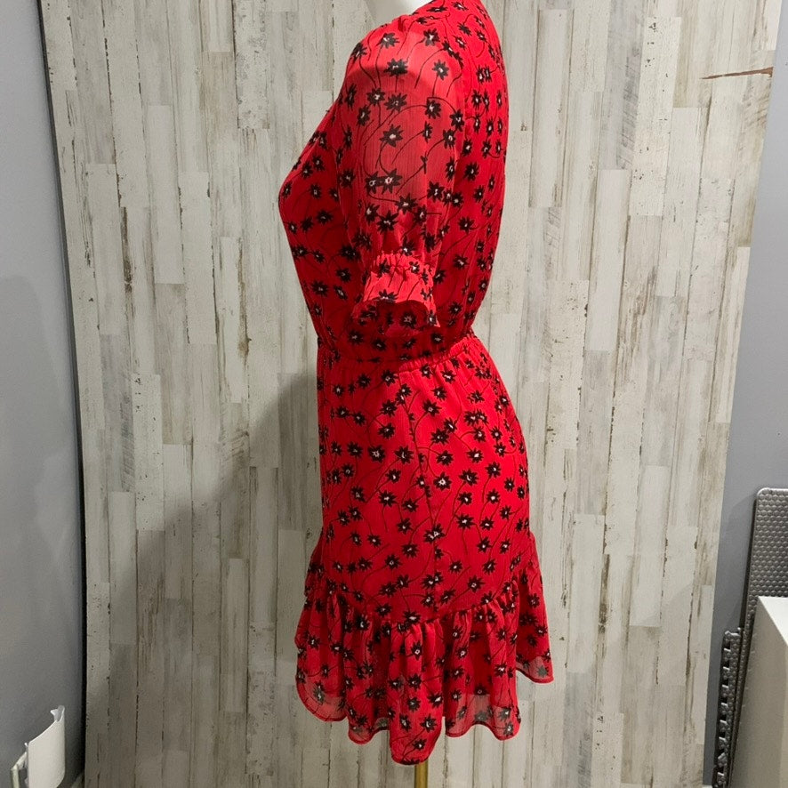 Express Dress Womens XS Red Black Floral V-Neck Ruffle Hem
