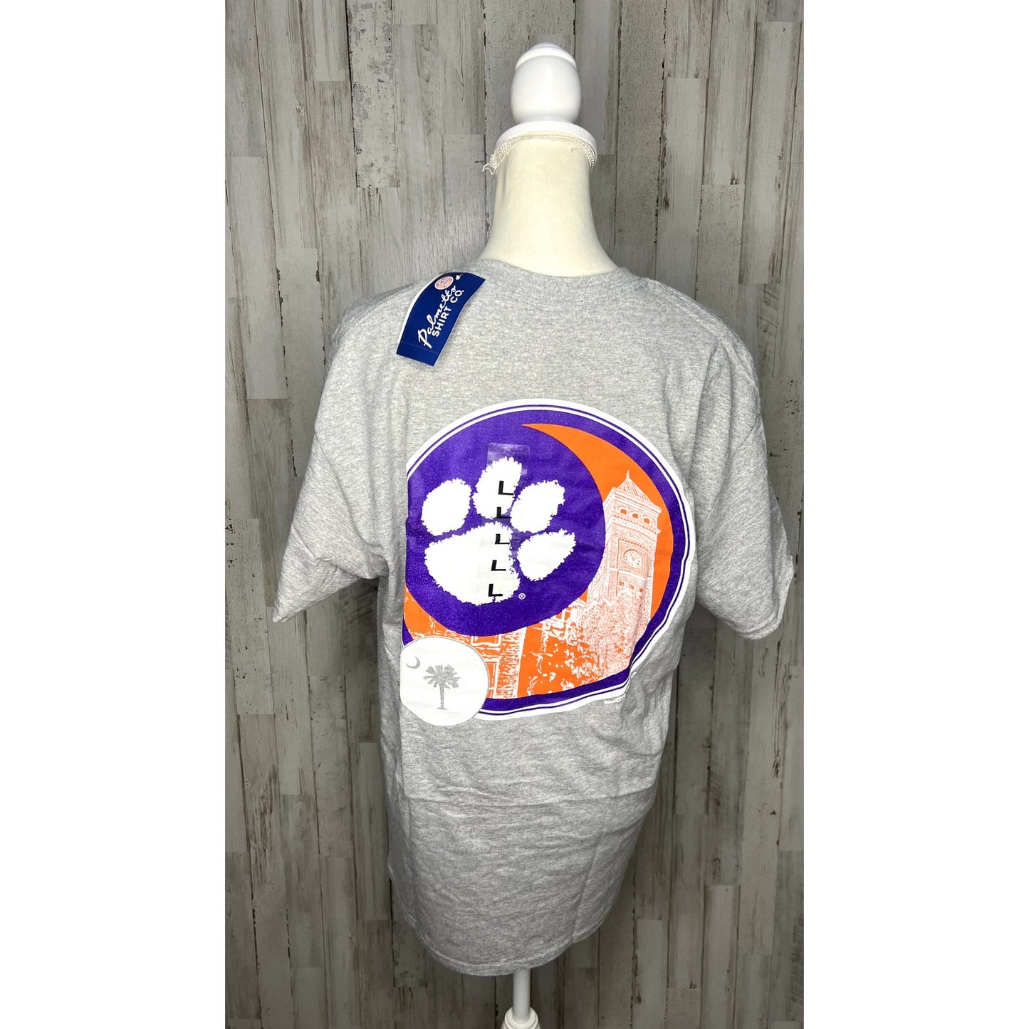 NWT Clemson Tigers Unisex Gray Paw Print Clock Tower Logo Short Sleeve T-Shirt