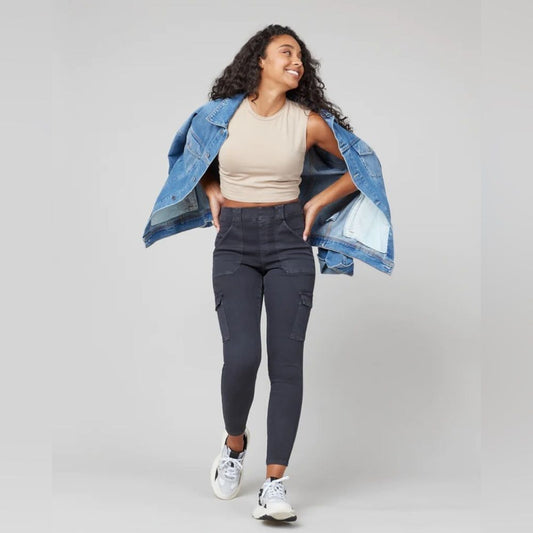 NWT SPANX Womens Cargo Pants Size Large Washed Black High Rise Pull-On Ankle