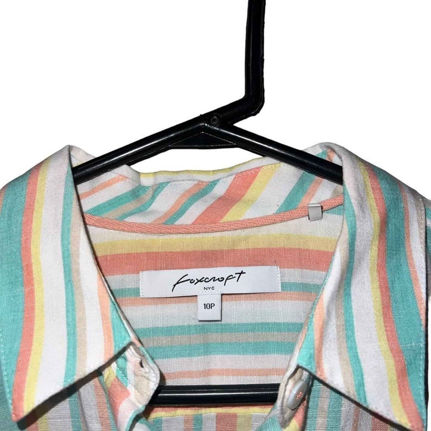 Foxcroft NYC Button-Up Shirt Womens Petite 10P Pastel Striped 3/4 Sleeve