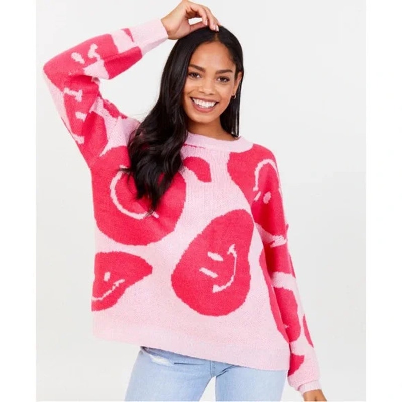 Altar'd State Women's XS Casual Pink Smiley Face Pullover Sweater