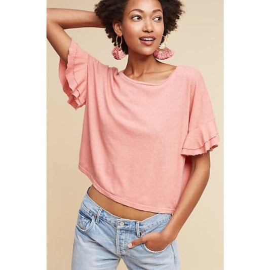 Anthropologie t.la Pink Women's XXS Cropped Ruffle Flutter Sleeve Hemp Tee